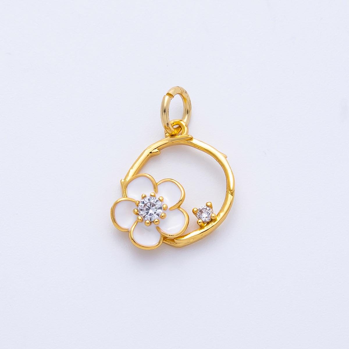 24k Gold Filled White Enamel Flower Wreath Charm 14mm Dainty Botanical Circle Necklace Minimalist Floral Jewelry Gift for Her | CHARMS-00410