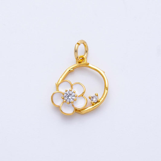 24k Gold Filled White Enamel Flower Wreath Charm 14mm Dainty Botanical Circle Necklace Minimalist Floral Jewelry Gift for Her | CHARMS-00410