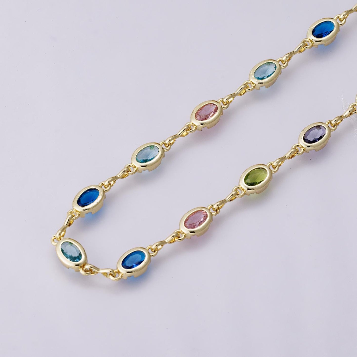 14K Gold Filled 5.3mm Multicolor CZ Oval Bezel Gemstone Unfinished Chain by Yard wholesale bulk diy jewelry making supply | Roll-01850
