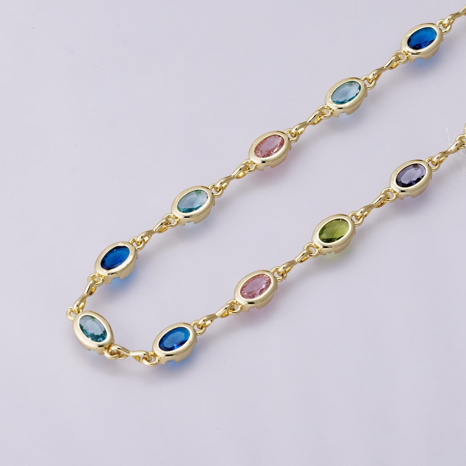 14K Gold Filled 5.3mm Multicolor CZ Oval Bezel Gemstone Unfinished Chain by Yard wholesale bulk diy jewelry making supply | Roll-01850