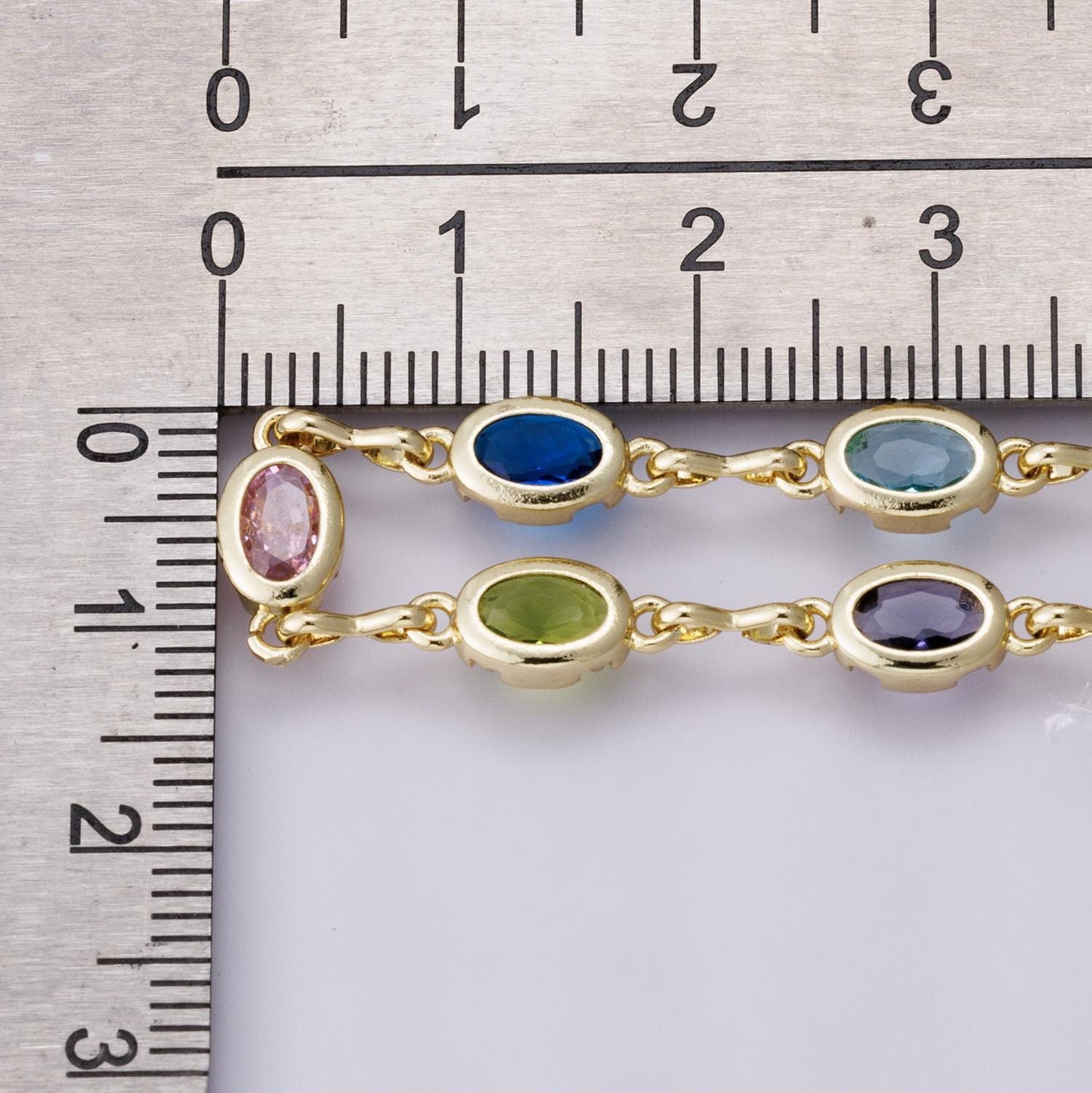 14K Gold Filled 5.3mm Multicolor CZ Oval Bezel Gemstone Unfinished Chain by Yard wholesale bulk diy jewelry making supply | Roll-01850