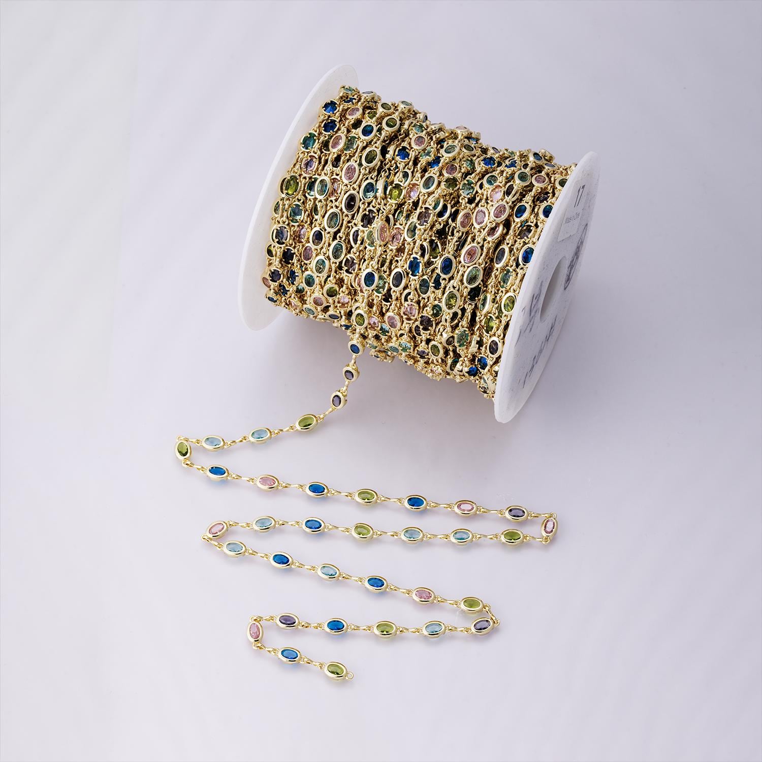 14K Gold Filled 5.3mm Multicolor CZ Oval Bezel Gemstone Unfinished Chain by Yard wholesale bulk diy jewelry making supply | Roll-01850