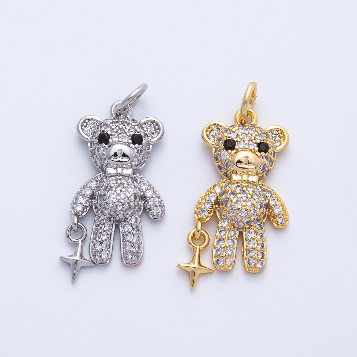 16K Gold Filled 22mm Micro Paved CZ Teddy Bear Charm in Gold & Silver sparkling stuffed animal diy jewelry making supply | Charms-00256