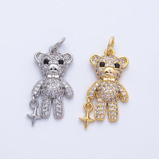 16K Gold Filled 22mm Micro Paved CZ Teddy Bear Charm in Gold & Silver sparkling stuffed animal diy jewelry making supply | Charms-00256