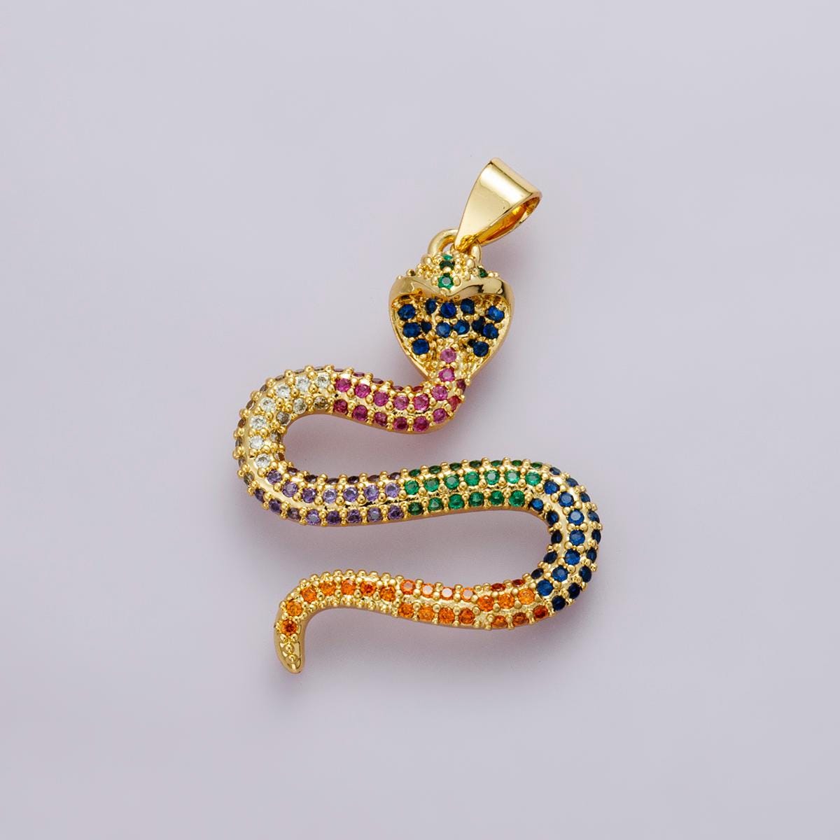 14K Gold Filled Clear & Multicolor Micro Paved CZ Serpent Pendant Rainbow Snake Charm DIY Animal Jewelry Finding for Necklace | I-00664