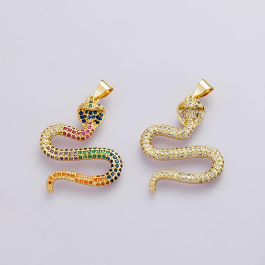 14K Gold Filled Clear & Multicolor Micro Paved CZ Serpent Pendant Rainbow Snake Charm DIY Animal Jewelry Finding for Necklace | I-00664