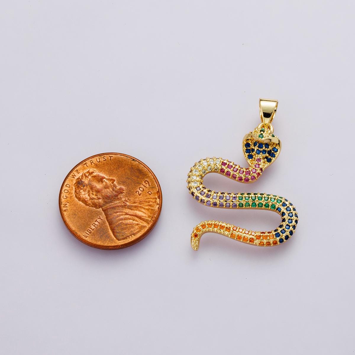 14K Gold Filled Clear & Multicolor Micro Paved CZ Serpent Pendant Rainbow Snake Charm DIY Animal Jewelry Finding for Necklace | I-00664