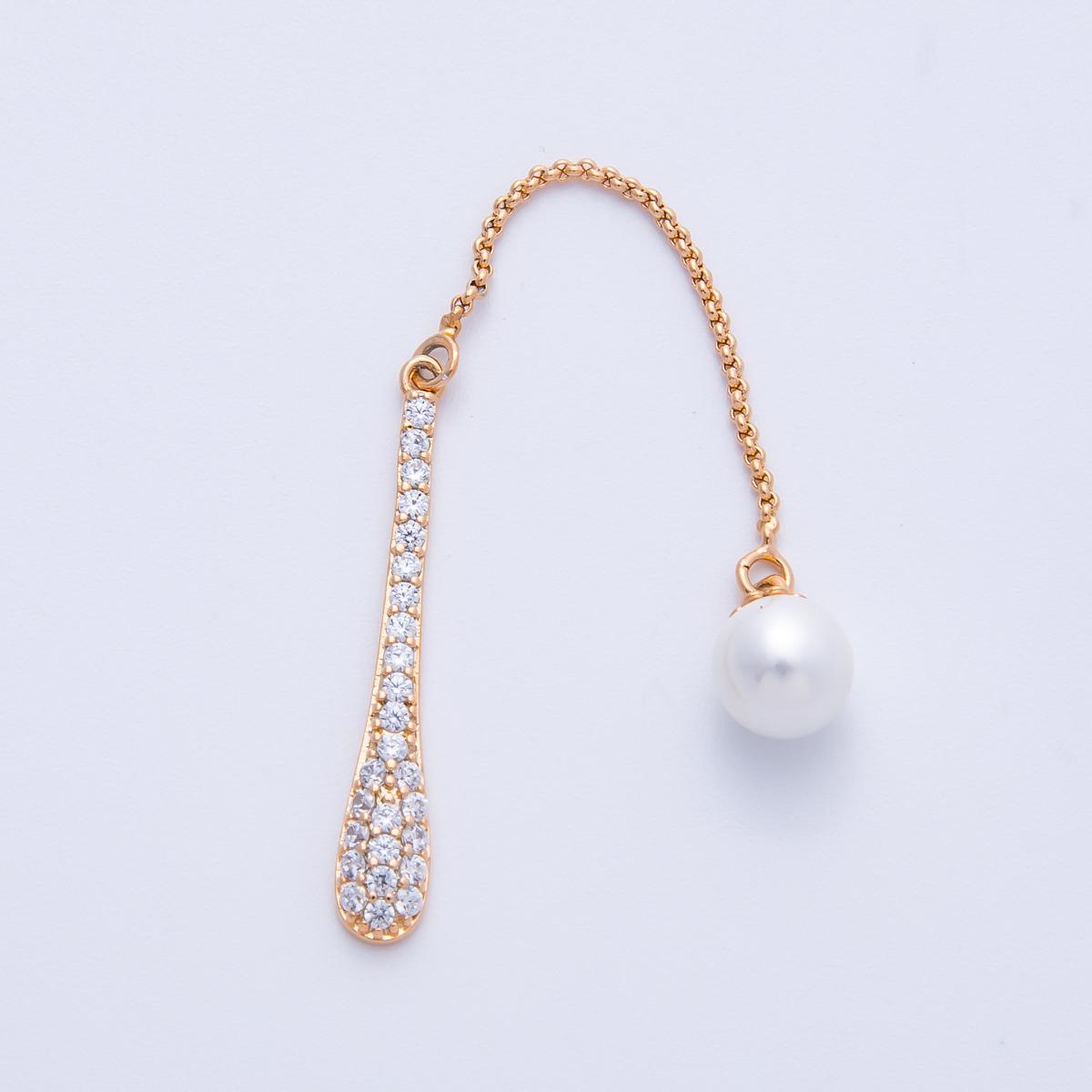 gold pave CZ bar & pearl drop connector 67mm earring dangle component diy bridal jewelry supply pearl tassel link | FINDINGS-00051