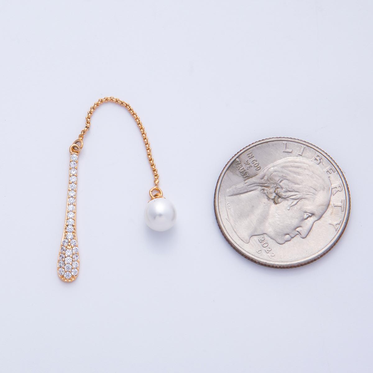 gold pave CZ bar & pearl drop connector 67mm earring dangle component diy bridal jewelry supply pearl tassel link | FINDINGS-00051