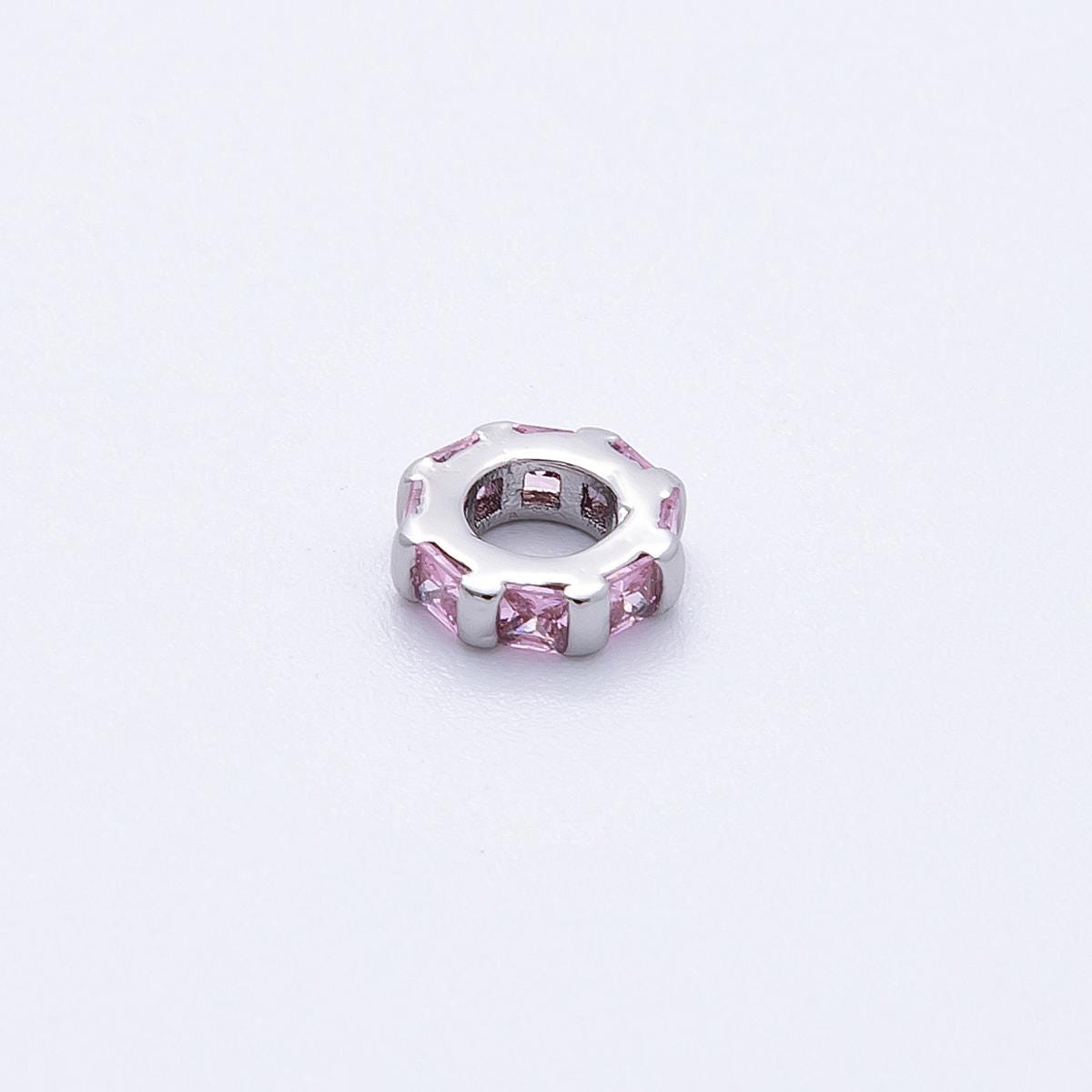 Rhodium plated 7.7mm multicolor birthstone CZ rondelle spacer beads DIY Jewelry Making Supply for custom bracelet necklace | BEADS-00140