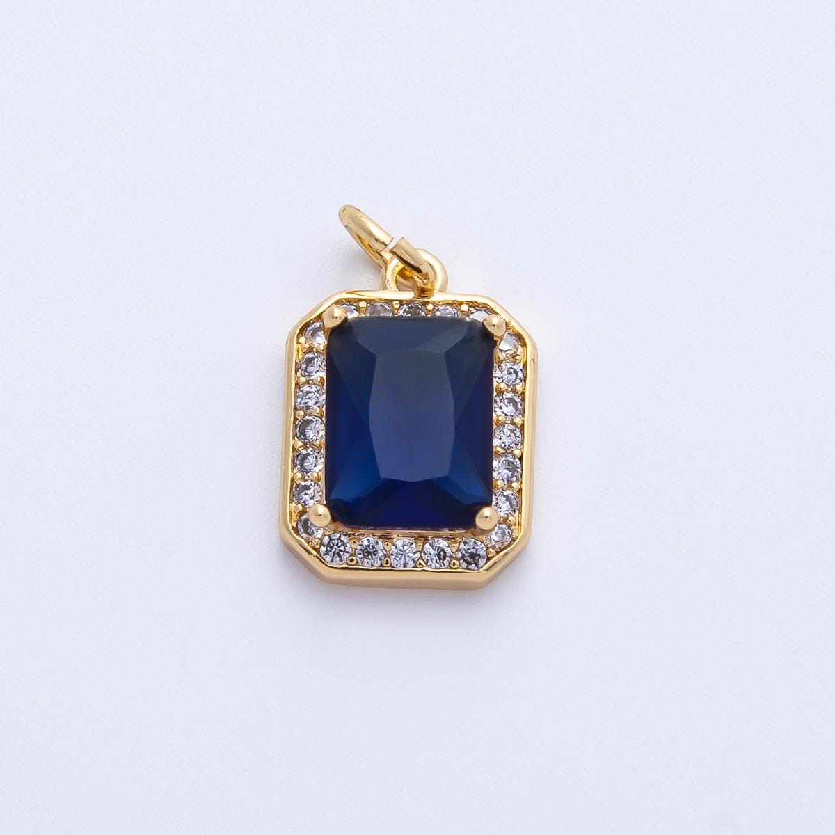 18k gold filled and silver 14.4mm emerald cut birthstone charm rectangular with micro pave CZ jewelry supply necklace | CHARMS-00279