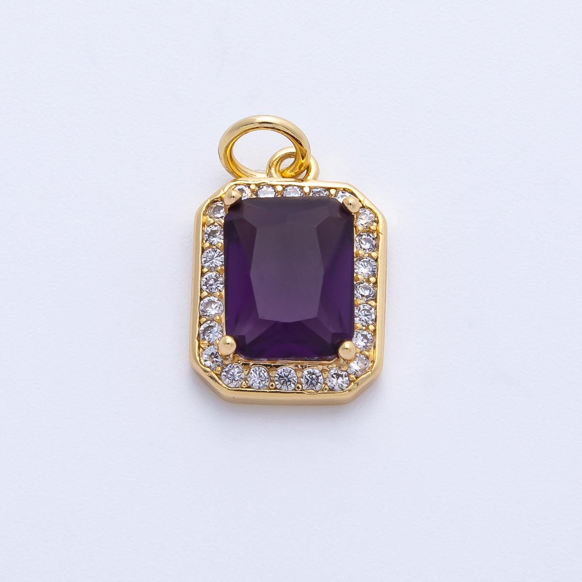 18k gold filled and silver 14.4mm emerald cut birthstone charm rectangular with micro pave CZ jewelry supply necklace | CHARMS-00279