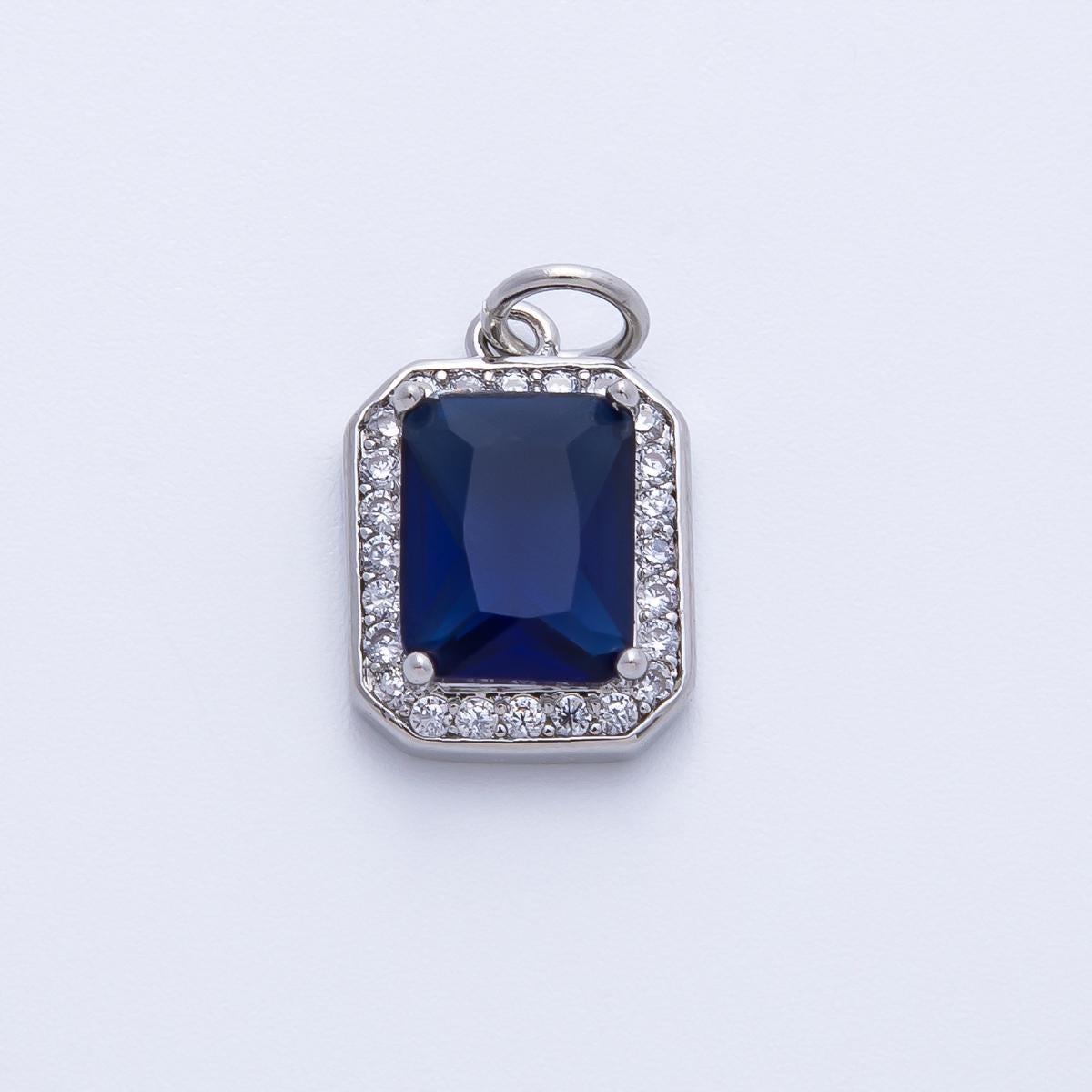 18k gold filled and silver 14.4mm emerald cut birthstone charm rectangular with micro pave CZ jewelry supply necklace | CHARMS-00279