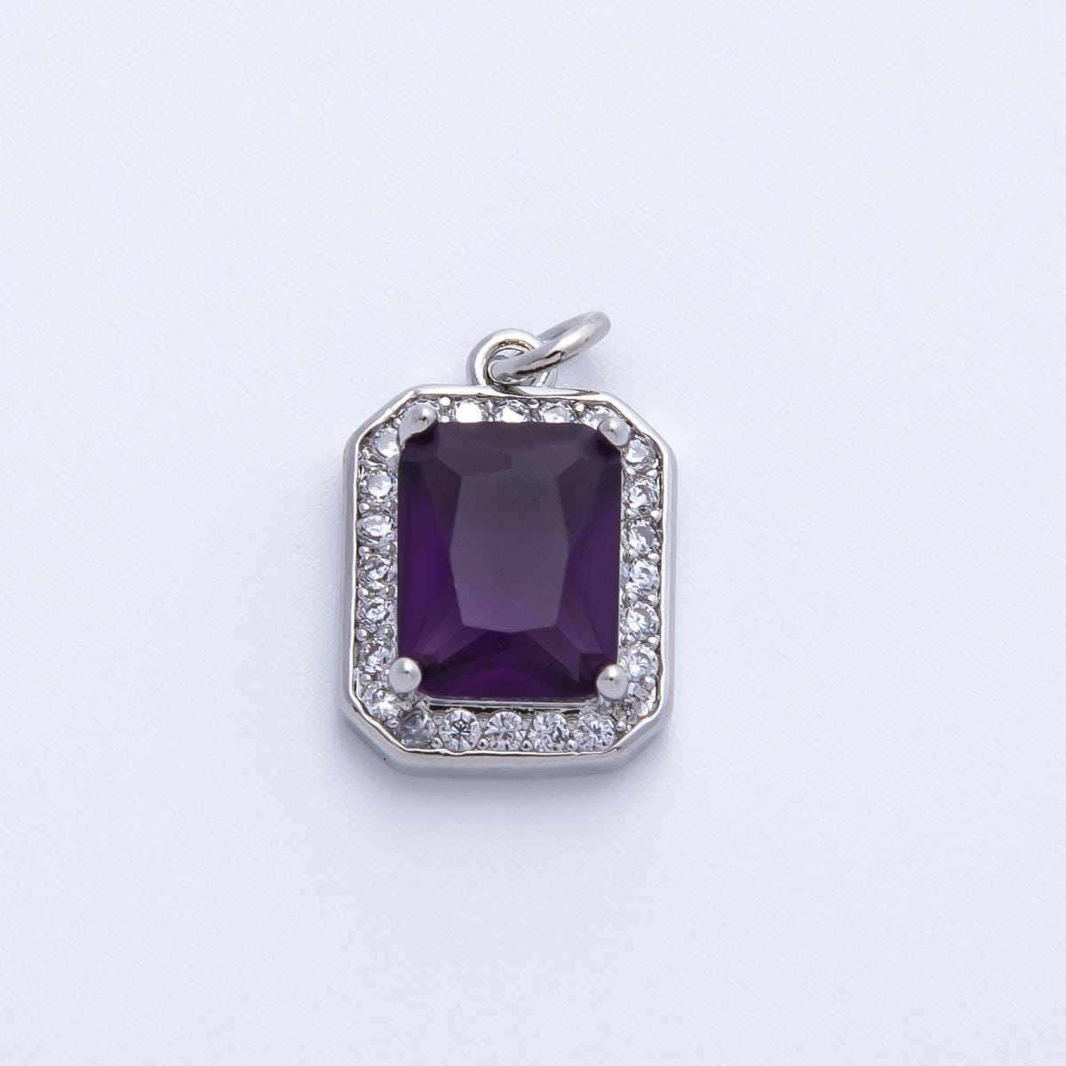 18k gold filled and silver 14.4mm emerald cut birthstone charm rectangular with micro pave CZ jewelry supply necklace | CHARMS-00279
