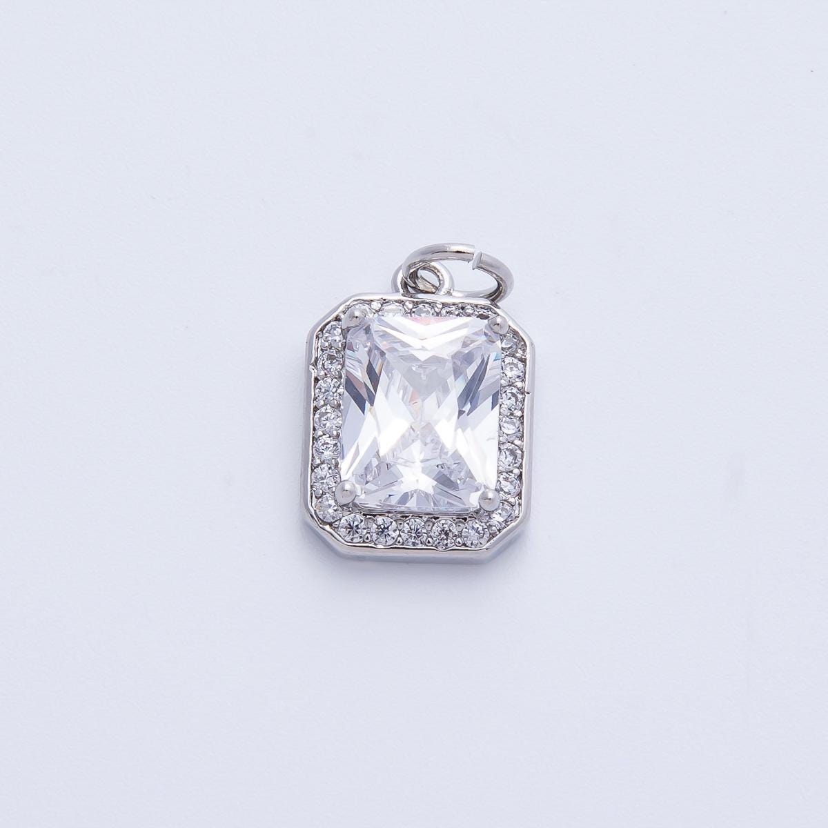 18k gold filled and silver 14.4mm emerald cut birthstone charm rectangular with micro pave CZ jewelry supply necklace | CHARMS-00279