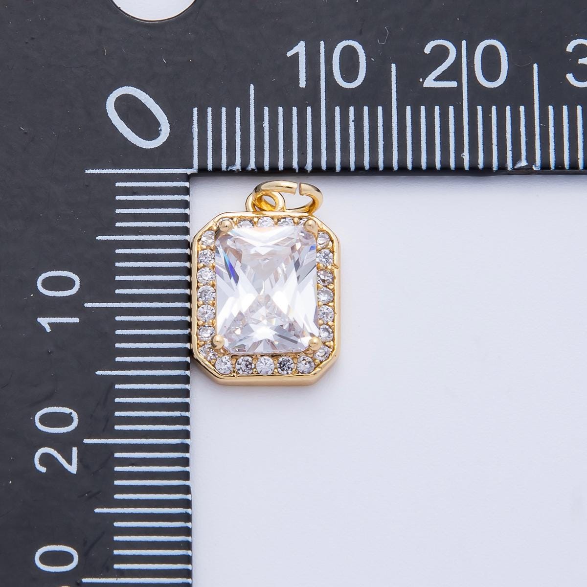 18k gold filled and silver 14.4mm emerald cut birthstone charm rectangular with micro pave CZ jewelry supply necklace | CHARMS-00279