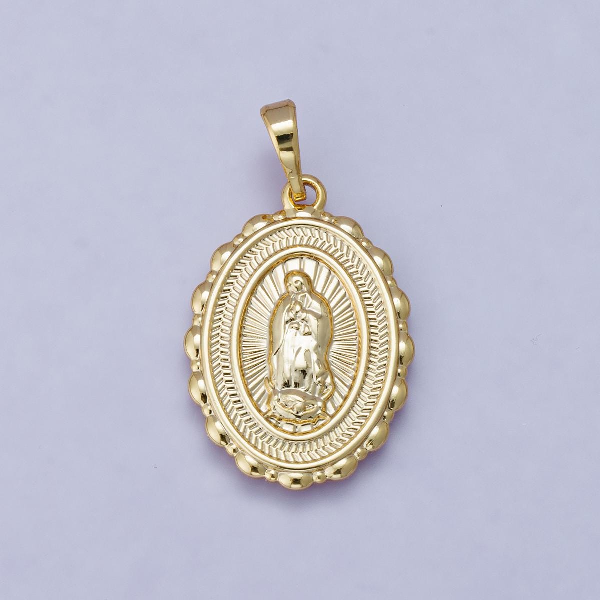 24k Gold Filled 25.8mm Virgin Mary Charm Our Lady of Guadalupe Oval Medallion Religious Jewelry Pendant Scalloped Edge Charm | H-00484