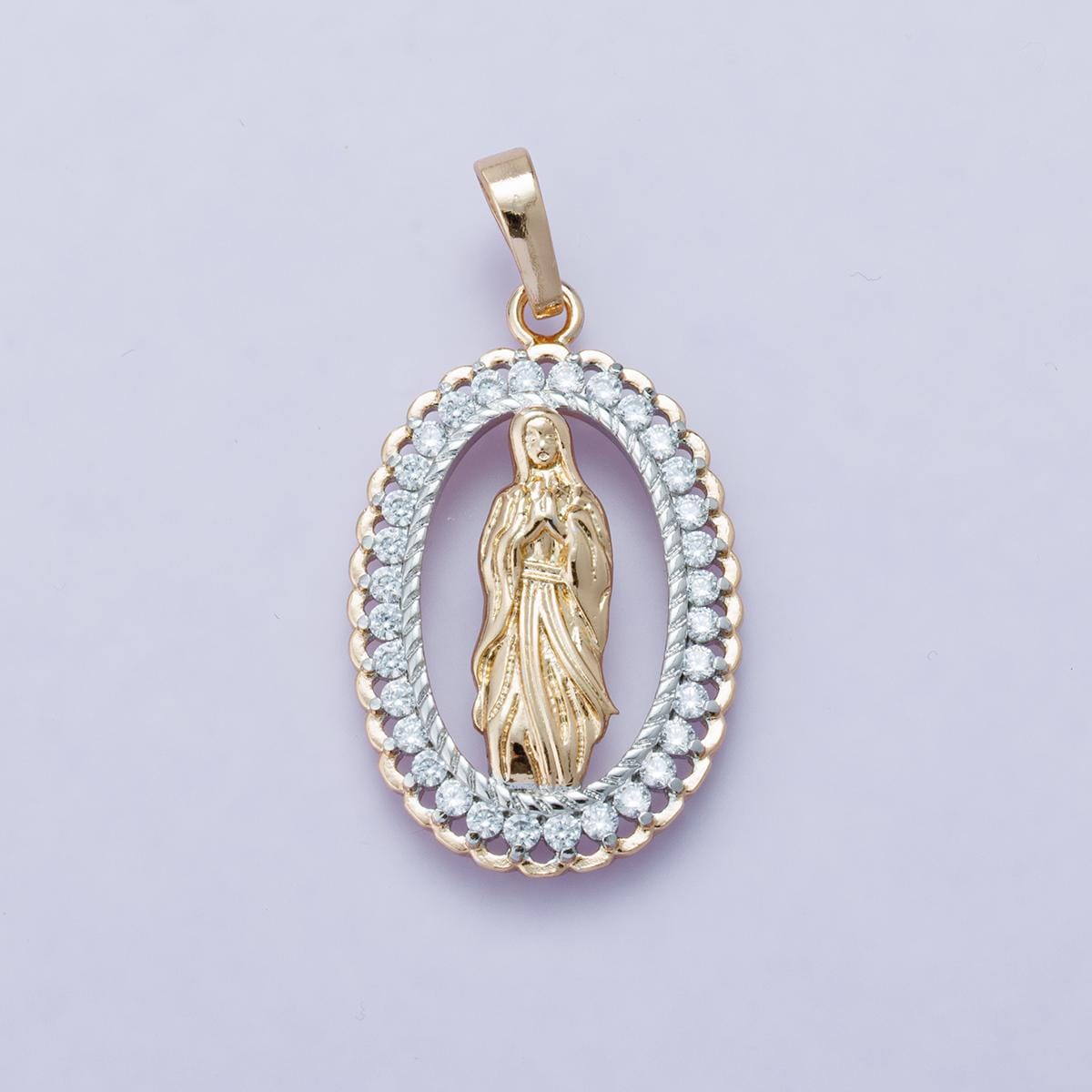 24k Gold Filled 30.1mm Virgin Mary Pendant Our Lady of Guadalupe Two-Tone Religious Jewelry Charm Micro Pave CZ Edge Supply | H-00183