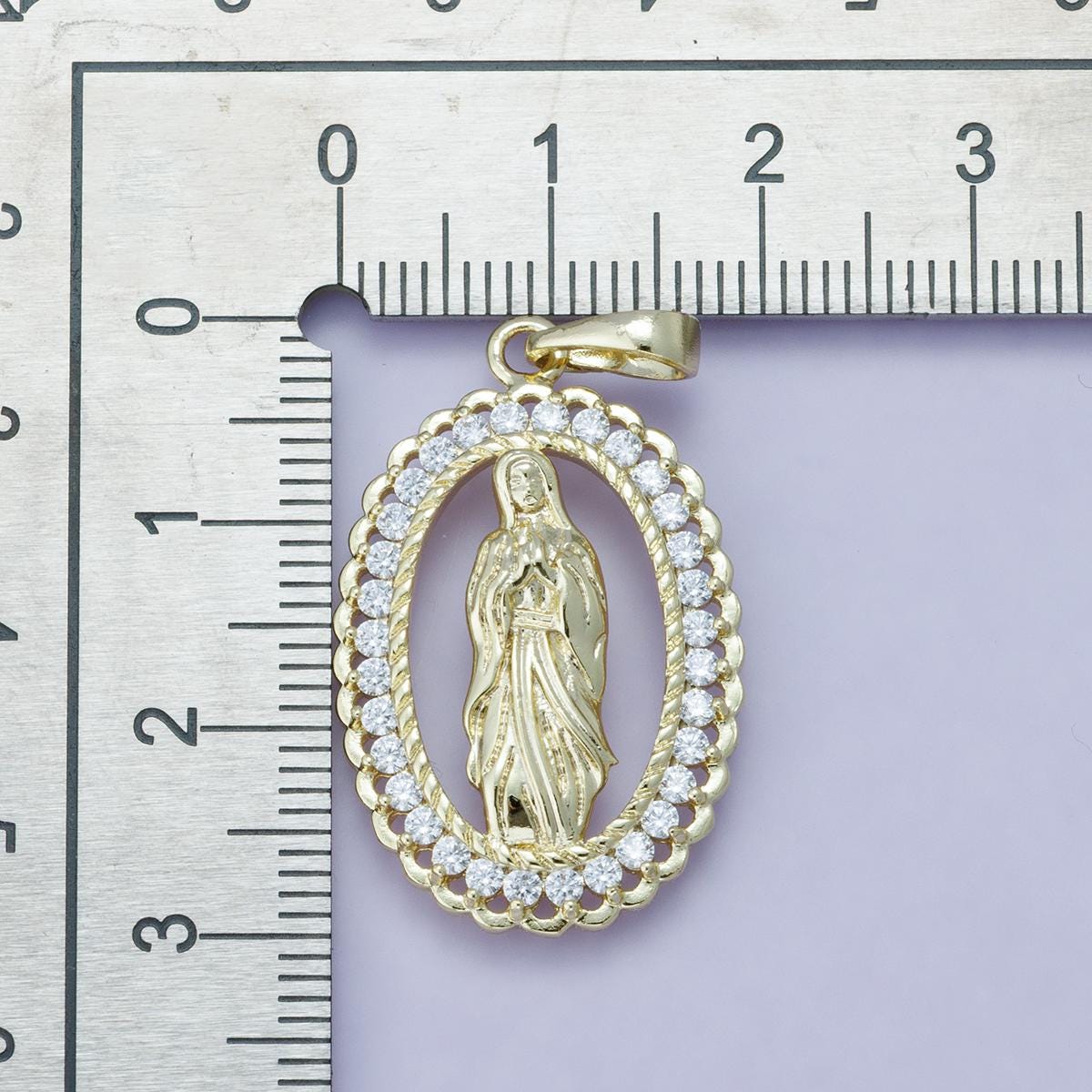 24k Gold Filled 30.1mm Virgin Mary Pendant Our Lady of Guadalupe Two-Tone Religious Jewelry Charm Micro Pave CZ Edge Supply | H-00183