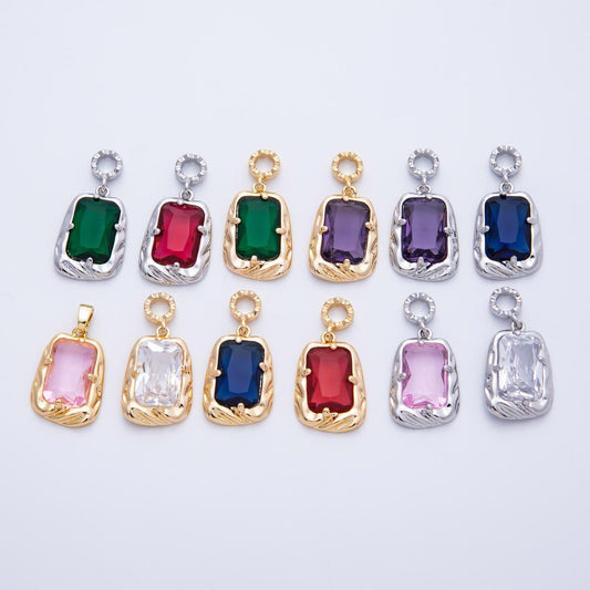 18k gold filled and silver large emerald cut birthstone pendant charm rectangle gemstone personalized jewelry supply necklace | CHARMS-00267