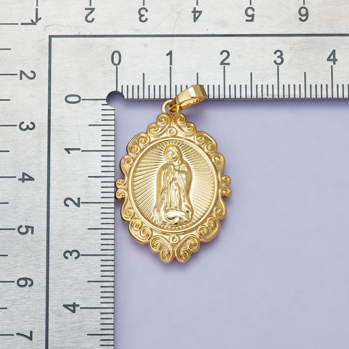 14k & 24k Gold Filled 31.4mm Virgin Mary Charm with Ornate Swirl Frame Our Lady of Guadalupe Oval Religious Jewelry Pendant | H-00278
