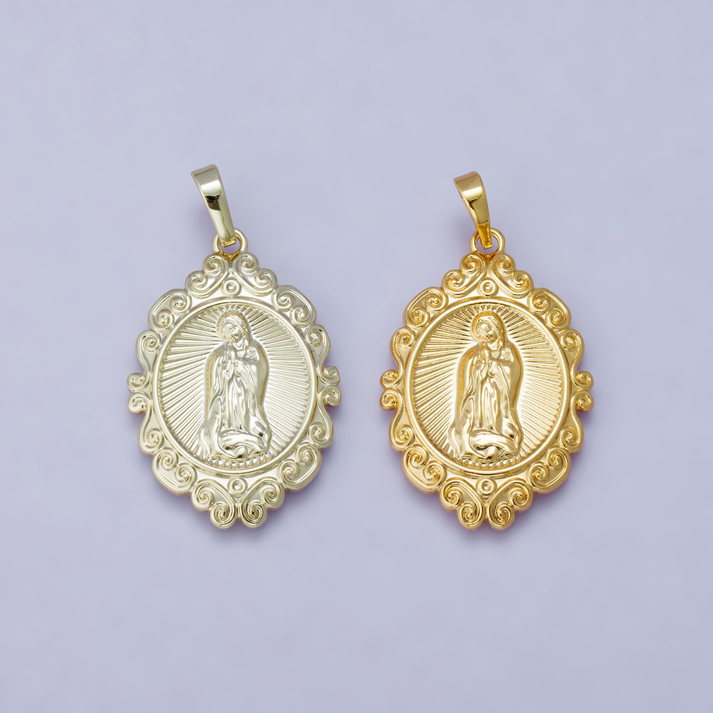 14k & 24k Gold Filled 31.4mm Virgin Mary Charm with Ornate Swirl Frame Our Lady of Guadalupe Oval Religious Jewelry Pendant | H-00278