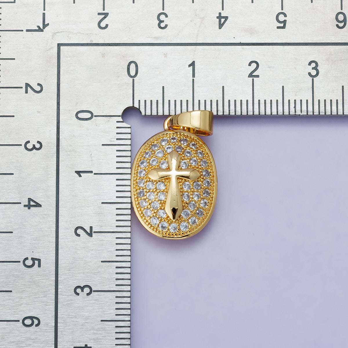 24k Gold Filled and Silver Oval Cross Pendant 21.5mm Sparkling Micro Pave CZ Religious Charm Faith Gift Spiritual Medallion | H-00096