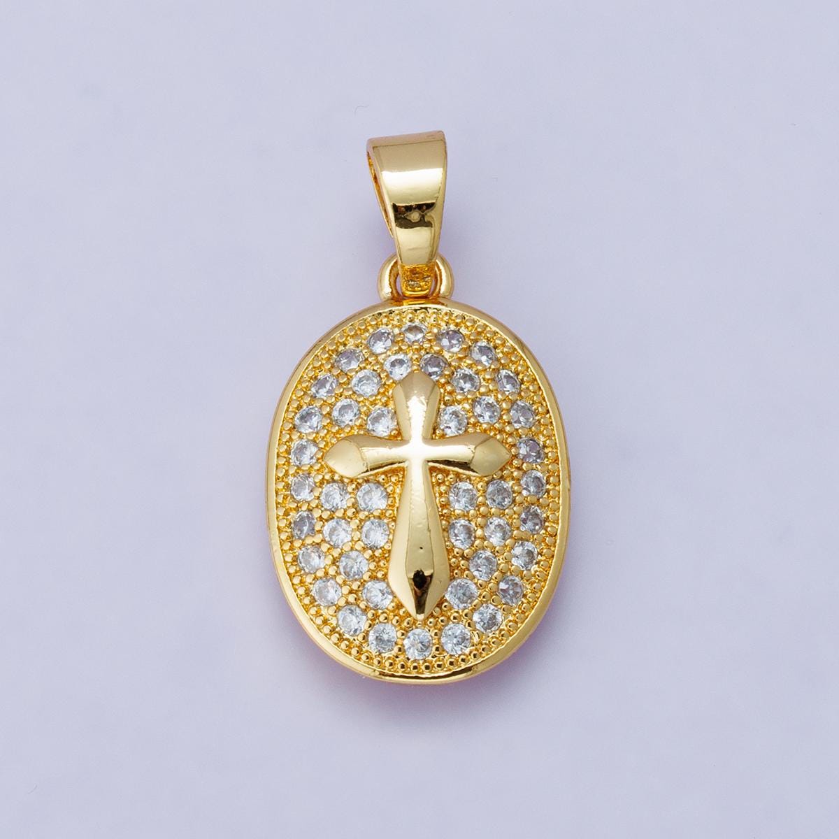 24k Gold Filled and Silver Oval Cross Pendant 21.5mm Sparkling Micro Pave CZ Religious Charm Faith Gift Spiritual Medallion | H-00096