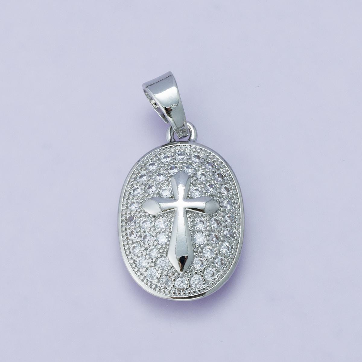 24k Gold Filled and Silver Oval Cross Pendant 21.5mm Sparkling Micro Pave CZ Religious Charm Faith Gift Spiritual Medallion | H-00096