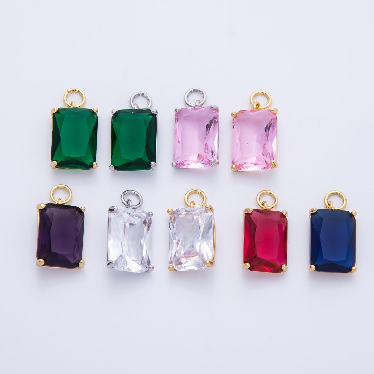 16K Gold & Silver Emerald Cut Birthstone Charm 16.5mm Rectangle Crystal Charm DIY Jewelry Making Supply for custom Necklace | CHARMS-00294