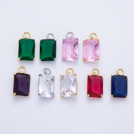 16K Gold & Silver Emerald Cut Birthstone Charm 16.5mm Rectangle Crystal Charm DIY Jewelry Making Supply for custom Necklace | CHARMS-00294