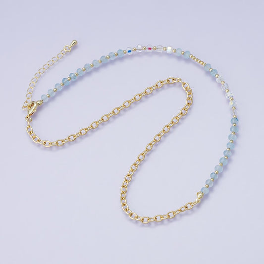 Natural Handmade aquamarine Beaded Necklace gold accents 24k gold filled half gemstone half chain blue stone layering necklace | WA-04202