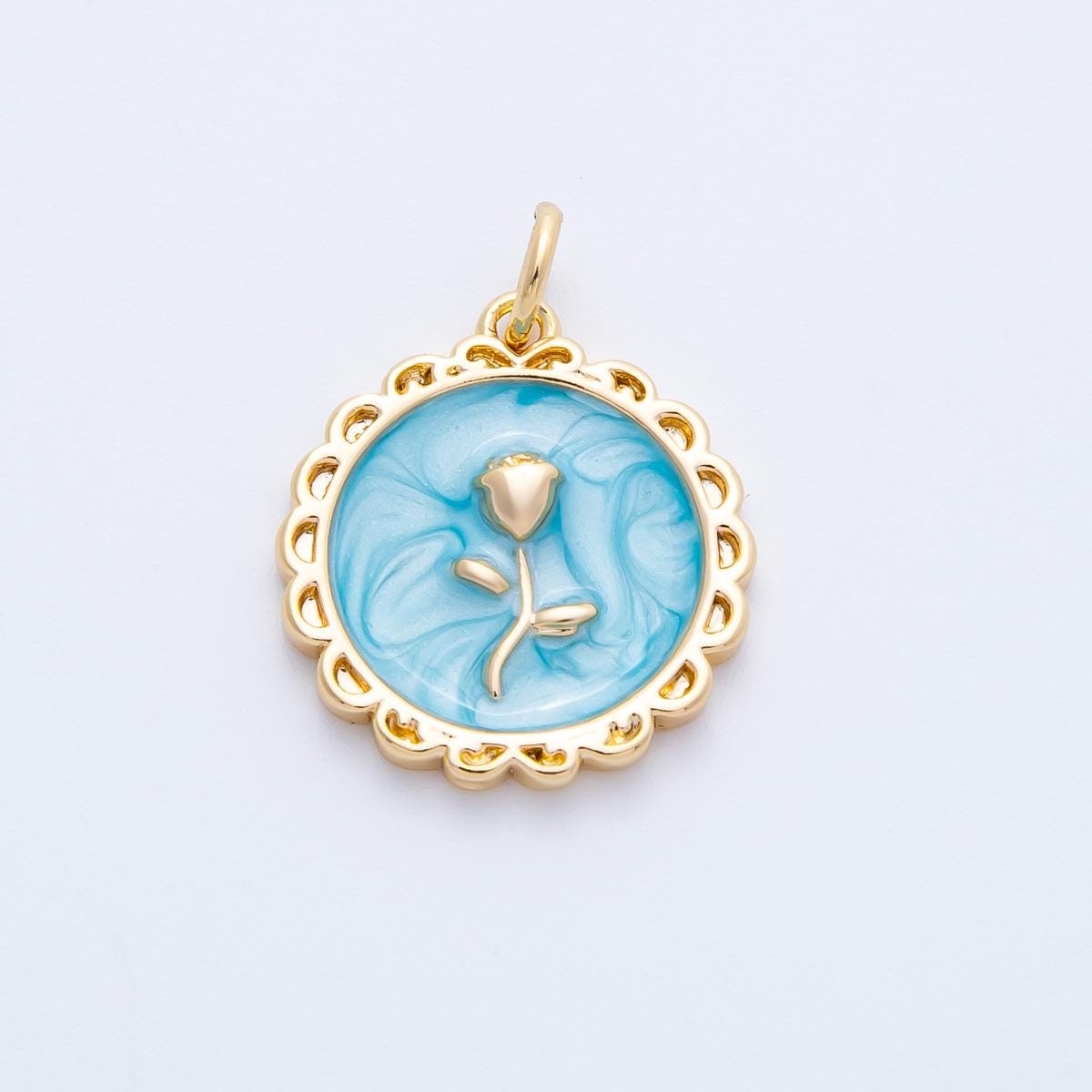 18k Gold Filled Enamel Round Rose Charm Blue Pink White Floral Spring Pendant DIY Jewelry Making Supply Gift for Her | CHARMS-00314