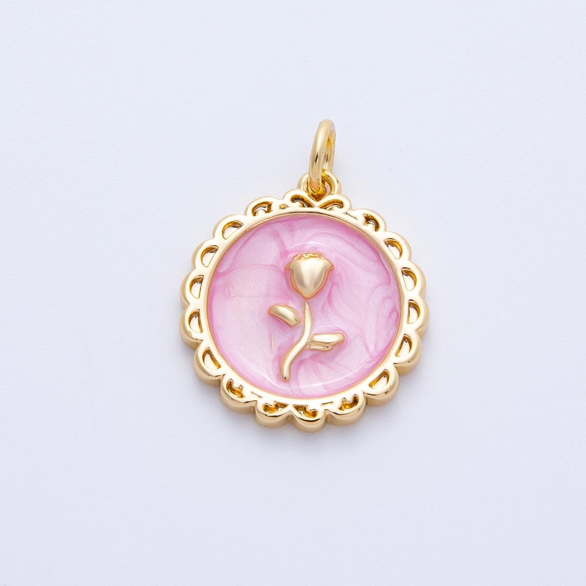 18k Gold Filled Enamel Round Rose Charm Blue Pink White Floral Spring Pendant DIY Jewelry Making Supply Gift for Her | CHARMS-00314