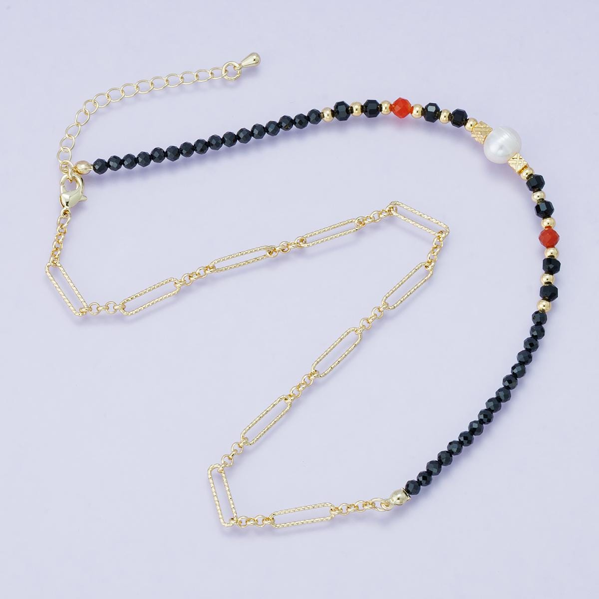 24K Gold Filled Handmade Shell Black Multifaceted Crystal Gemstone Necklace 16 inch + 2 inch extender trendy jewelry gift for her | WA-04205