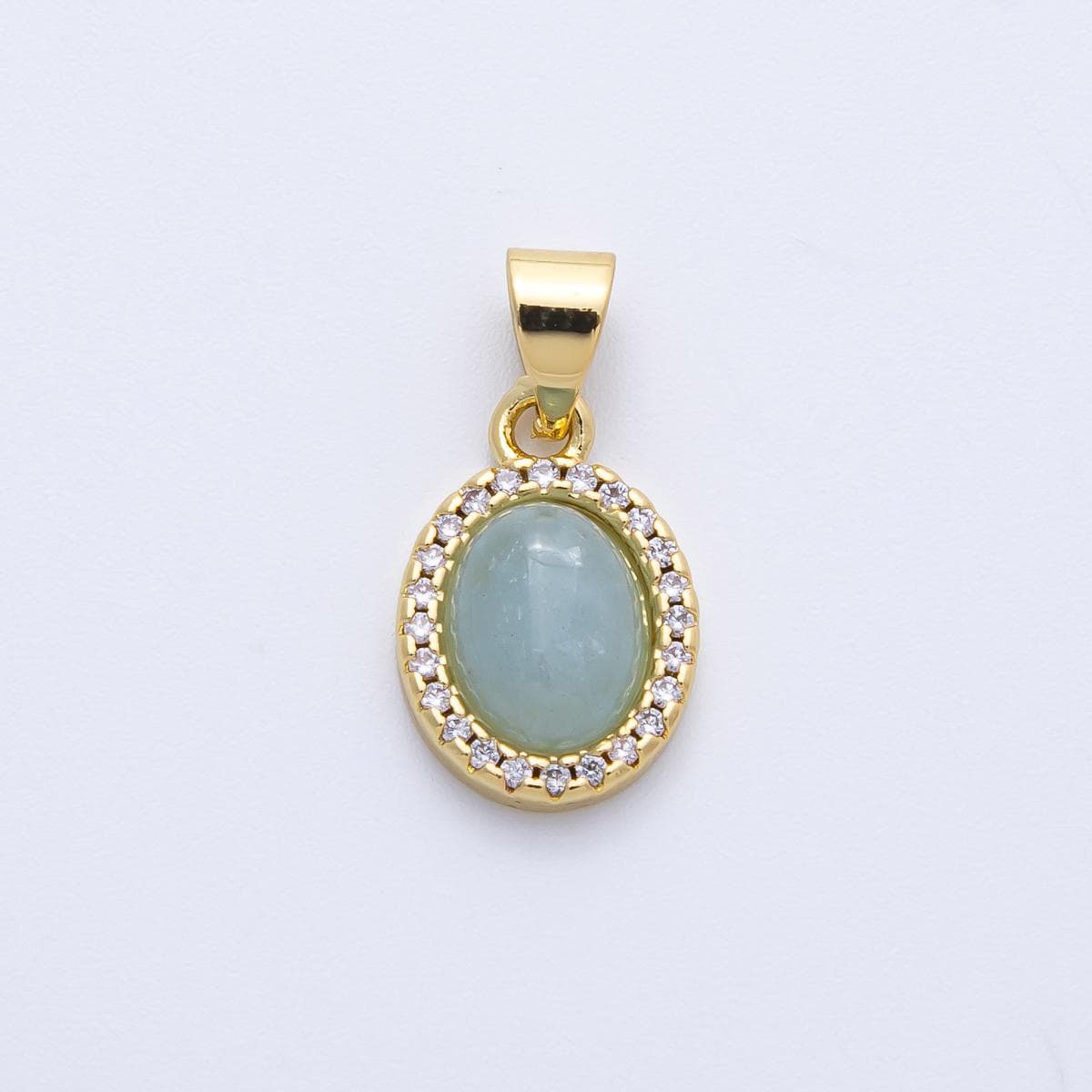 16k Gold Filled Oval Jade Pendant 14.3mm Micro Pave CZ Halo Charm DIY Jewelry Making Supply for custom Necklace Gift for Her | CHARMS-00322