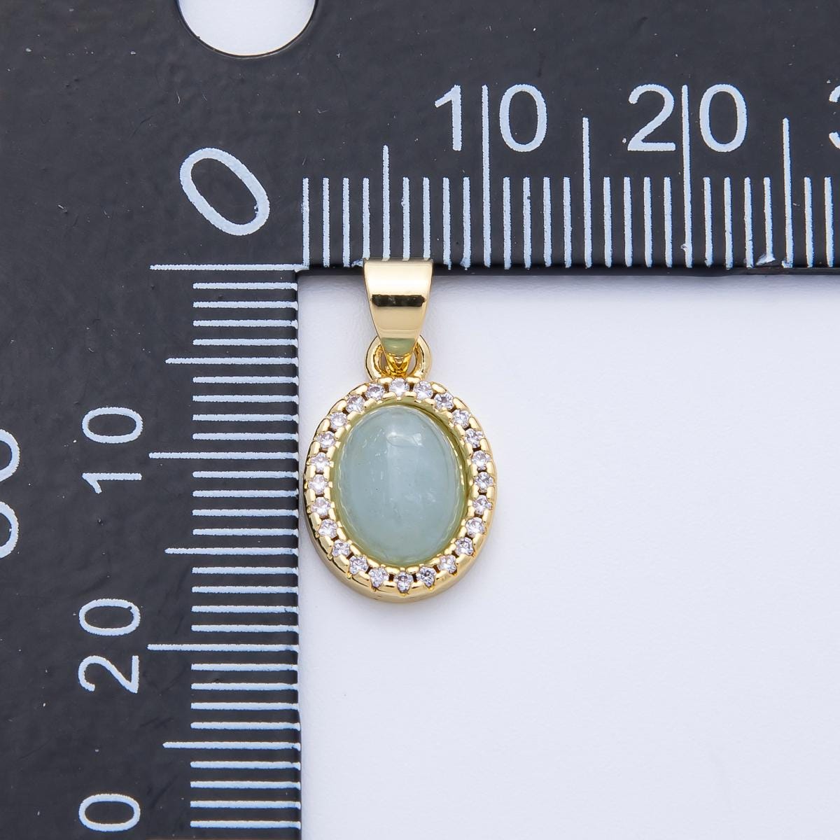 16k Gold Filled Oval Jade Pendant 14.3mm Micro Pave CZ Halo Charm DIY Jewelry Making Supply for custom Necklace Gift for Her | CHARMS-00322