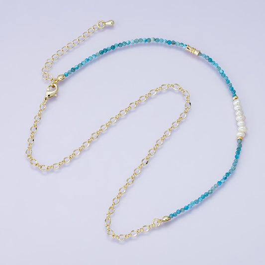 24K Gold Filled Shell Pearl Blue Apatite Gemstone Figaro Chain Necklace Handmade 18 Inch with 2 inch extender gift idea for her | WA-04215