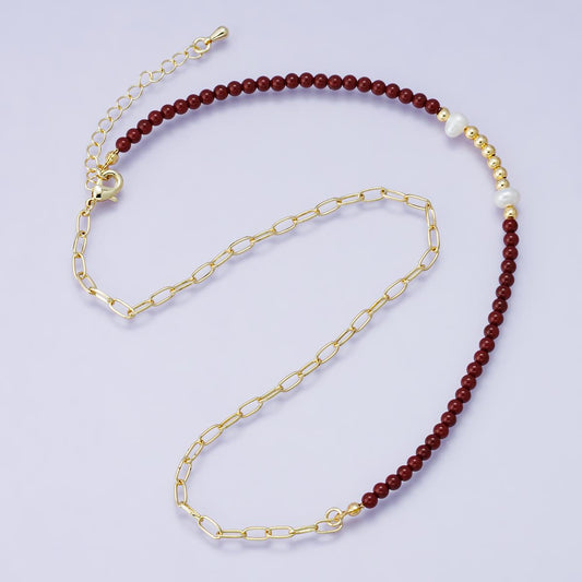 24K Gold Filled Shell Pearl Bead Carnelian Gemstone Handcrafted Red Beaded Bracelet for Summer Jewelry Handmade Gift 16.5 inch | WA-04209