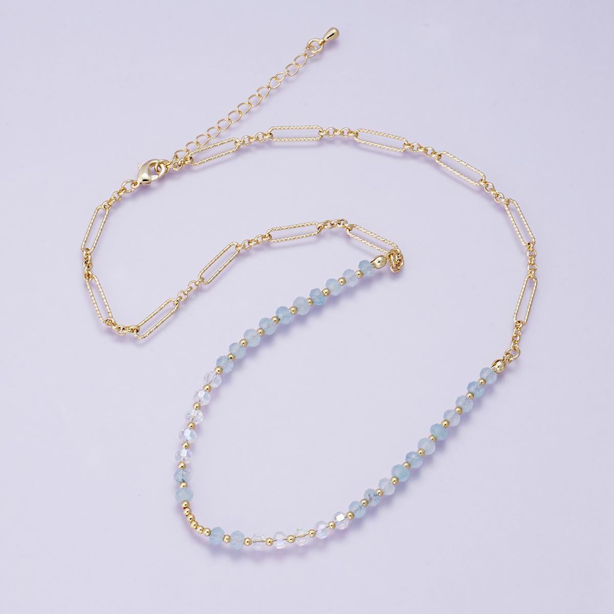 Natural Handmade 18 inch aquamarine Beaded Necklace gold accents 24k gold filled half gemstone half textured paperclip chain | WA-04228