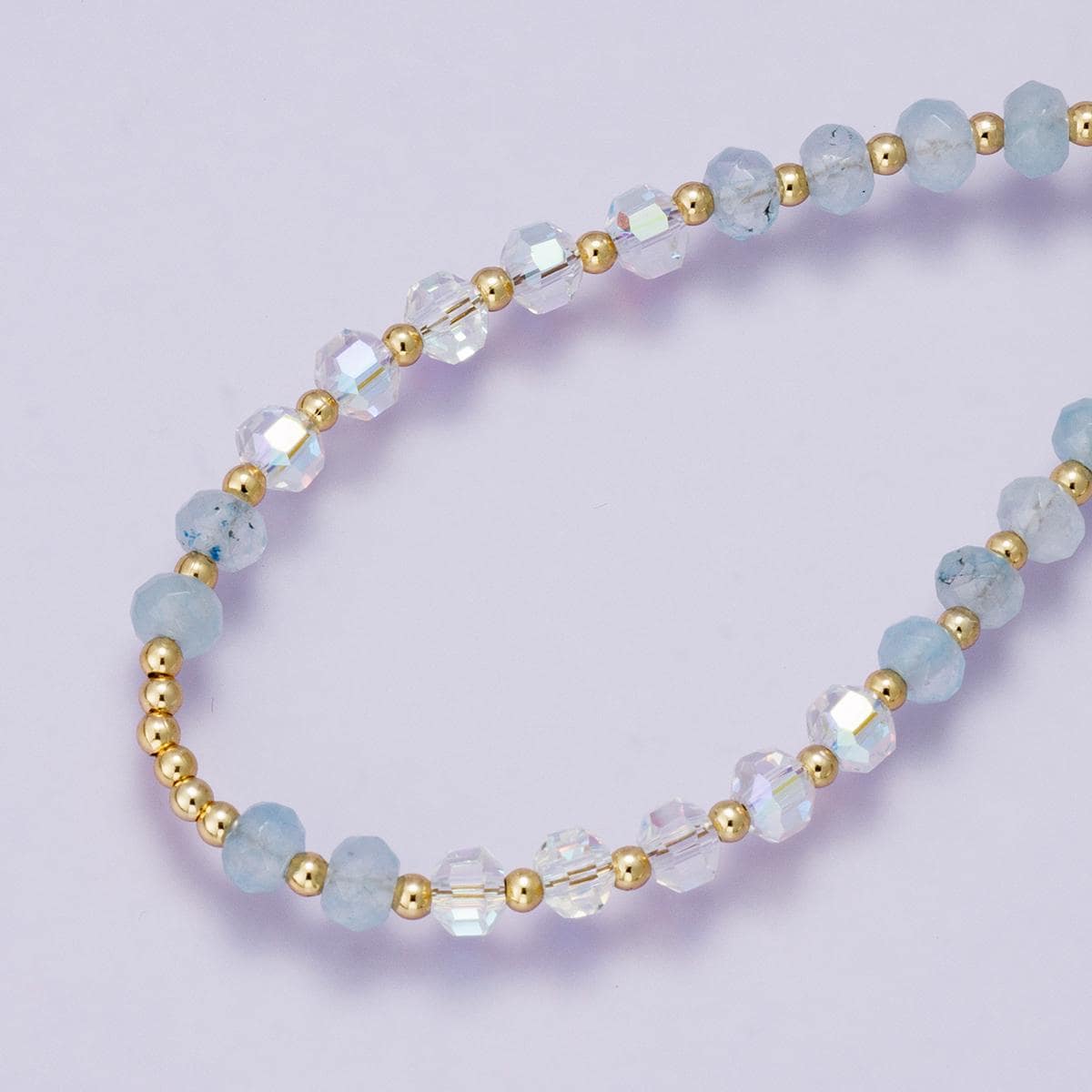 Natural Handmade 18 inch aquamarine Beaded Necklace gold accents 24k gold filled half gemstone half textured paperclip chain | WA-04228
