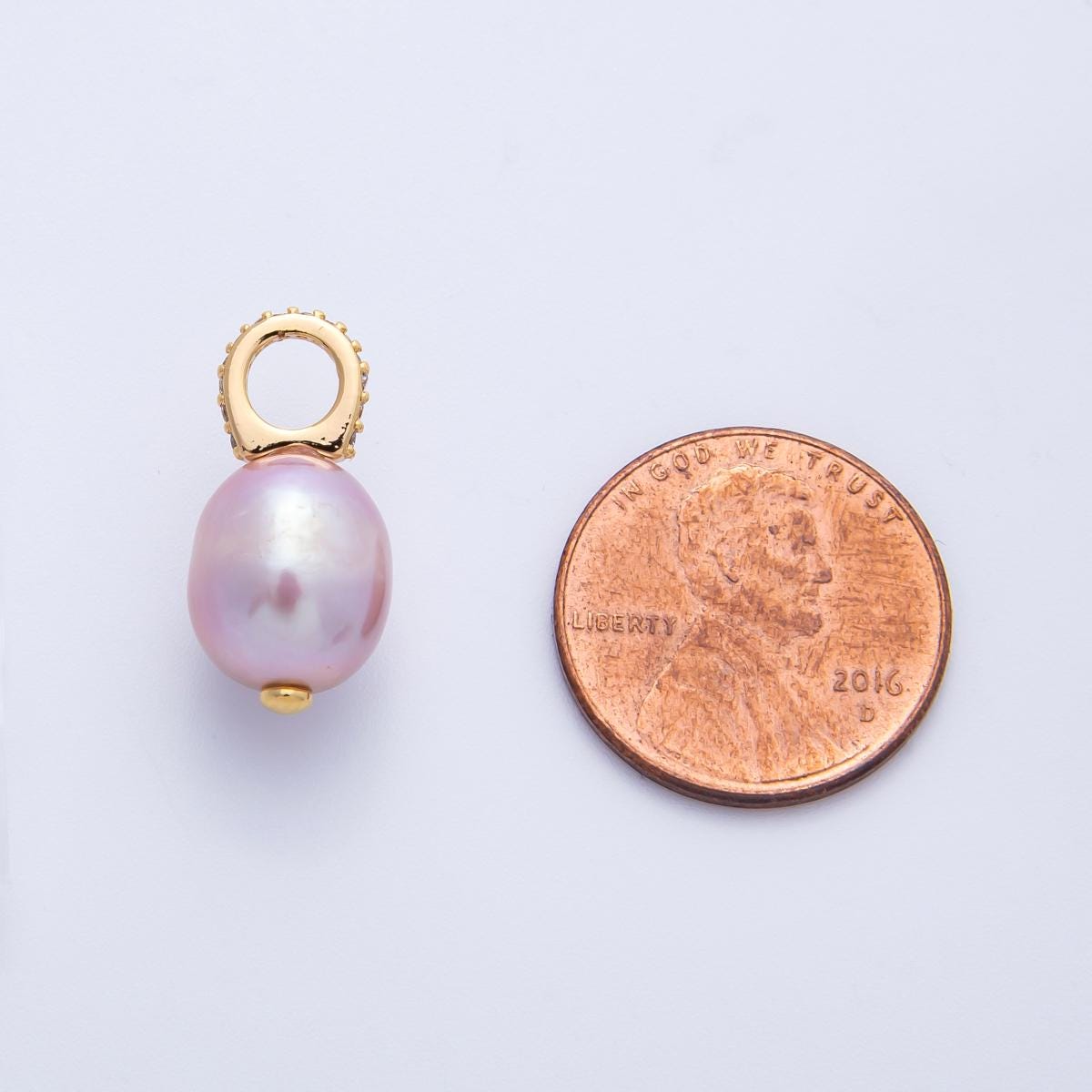 18k Gold Filled 19.5mm Mauve Pink/Purple Oval Baroque Pearl Charm with Micro Pave CZ Teardrop Genuine freshwater Pendant | CHARMS-00324