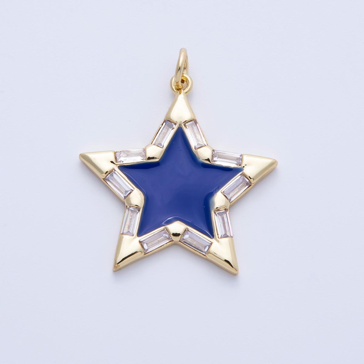16k Gold Filled 25.4mm Dainty Blue Enamel Star Charm Baguette CZ Celestial Pendant Modern Gift Necklace Bracelet Component | CHARMS-00325
