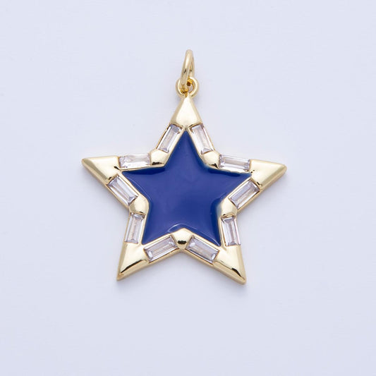 16k Gold Filled 25.4mm Dainty Blue Enamel Star Charm Baguette CZ Celestial Pendant Modern Gift Necklace Bracelet Component | CHARMS-00325
