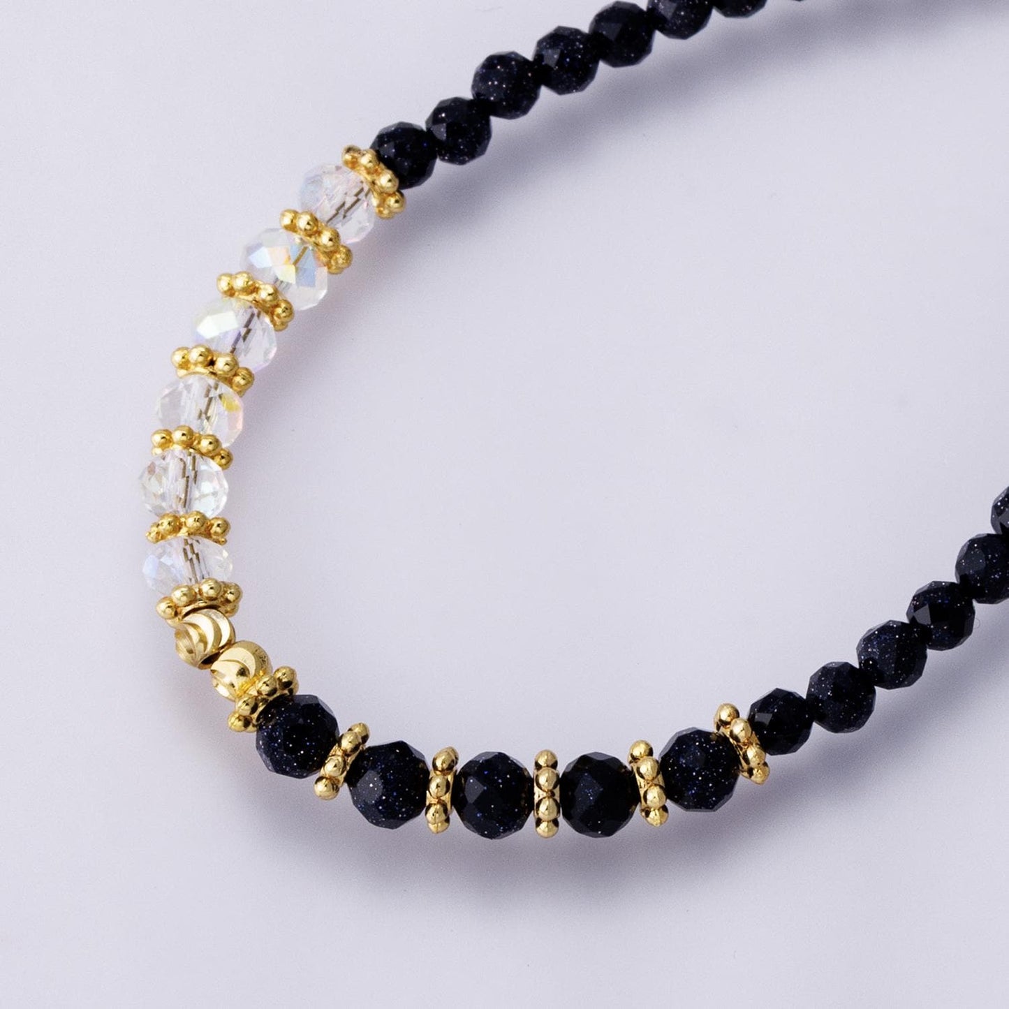 Black Agate and Clear Quartz Beaded Necklace 24k Gold filled Chain Dainty Black Gemstone Minimalist 16.5inch Jewelry for Her | WA-04172