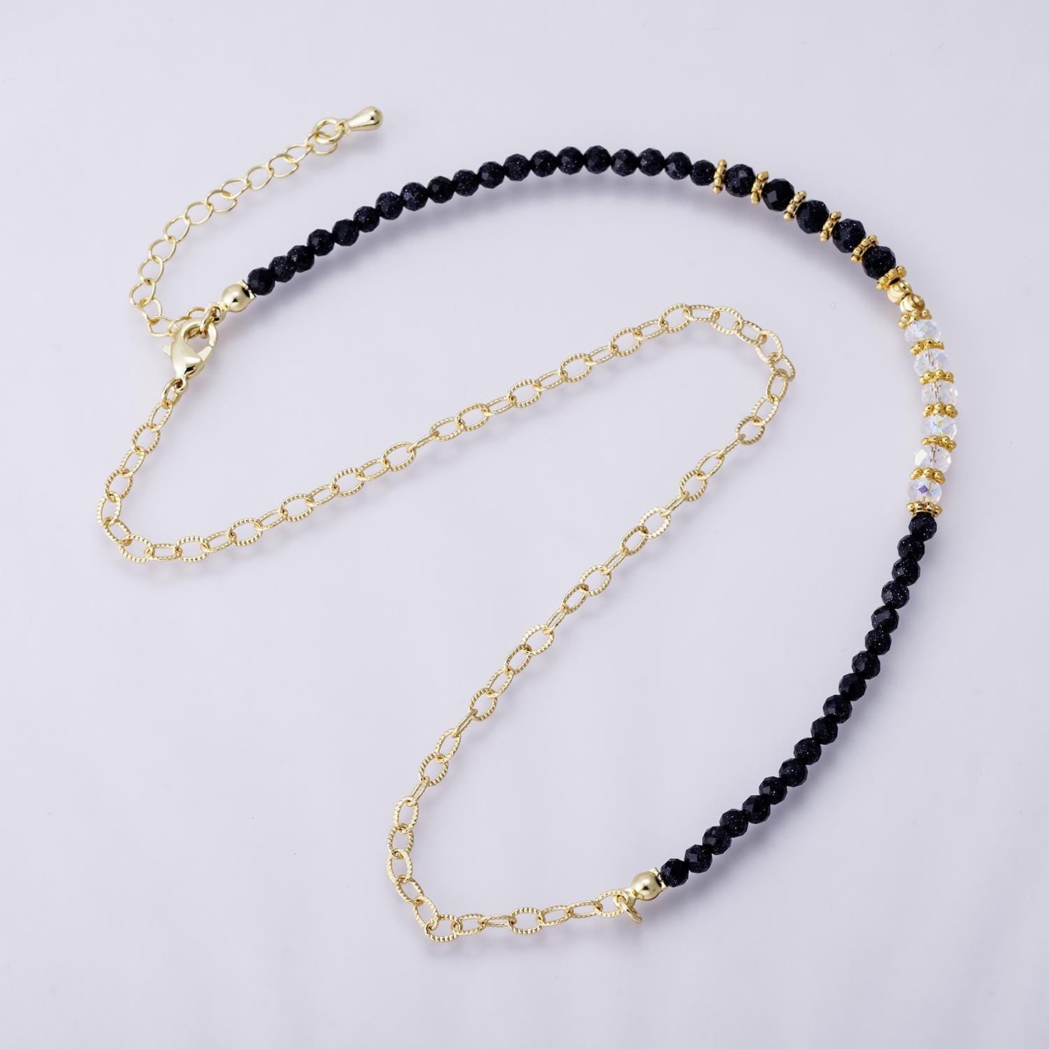 Black Agate and Clear Quartz Beaded Necklace 24k Gold filled Chain Dainty Black Gemstone Minimalist 16.5inch Jewelry for Her | WA-04172