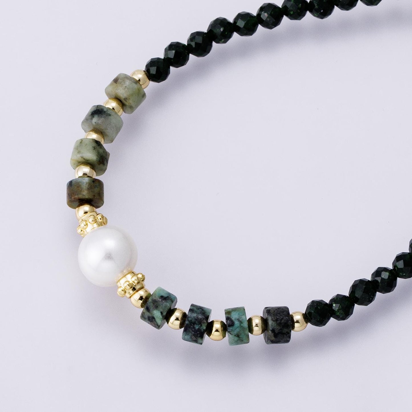 Handmade 24K Gold Filled Shell Pearl Malachite Green Gemstone half and half chain 16.5 inch with 2 inch extender jewelry gift | WA-04174