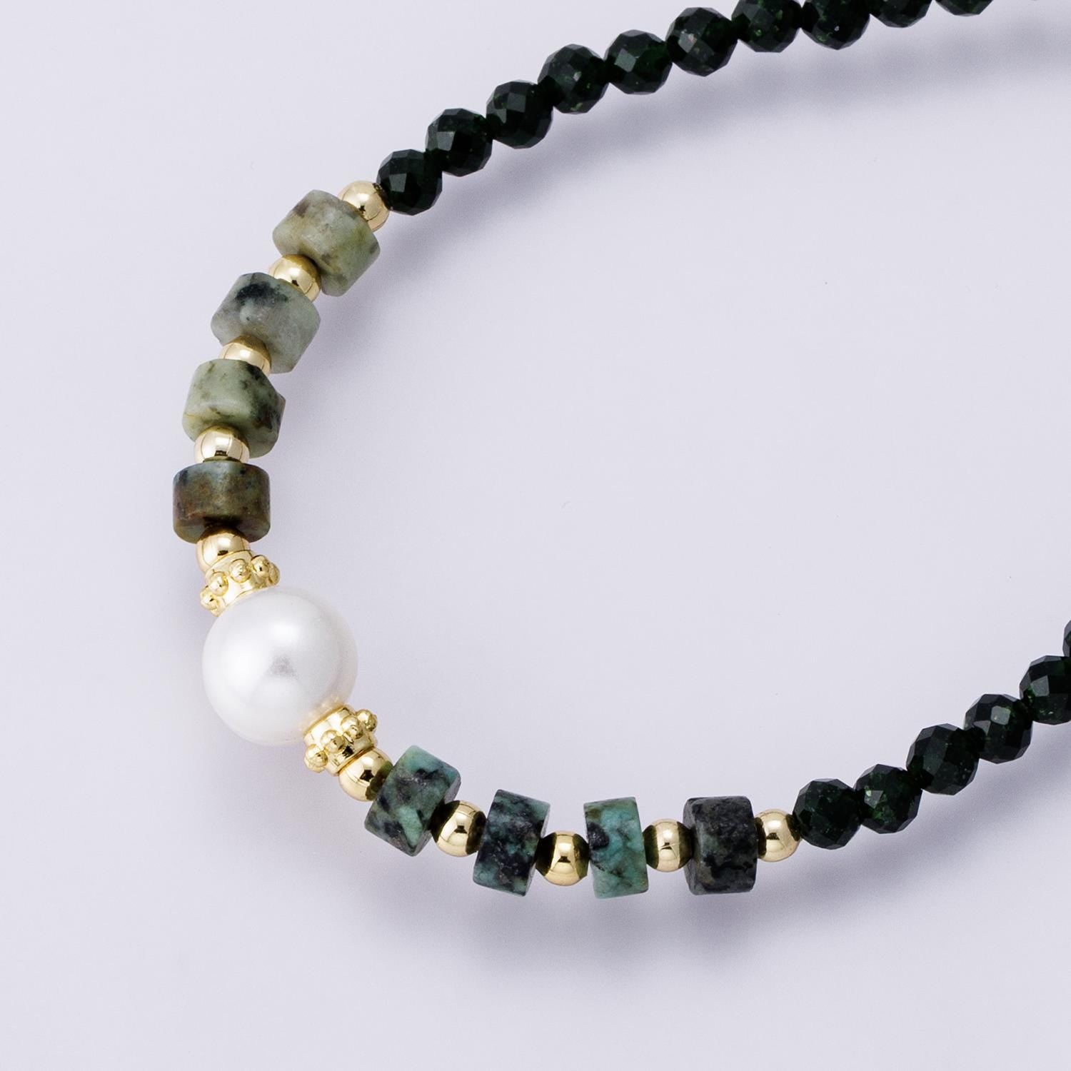 Handmade 24K Gold Filled Shell Pearl Malachite Green Gemstone half and half chain 16.5 inch with 2 inch extender jewelry gift | WA-04174