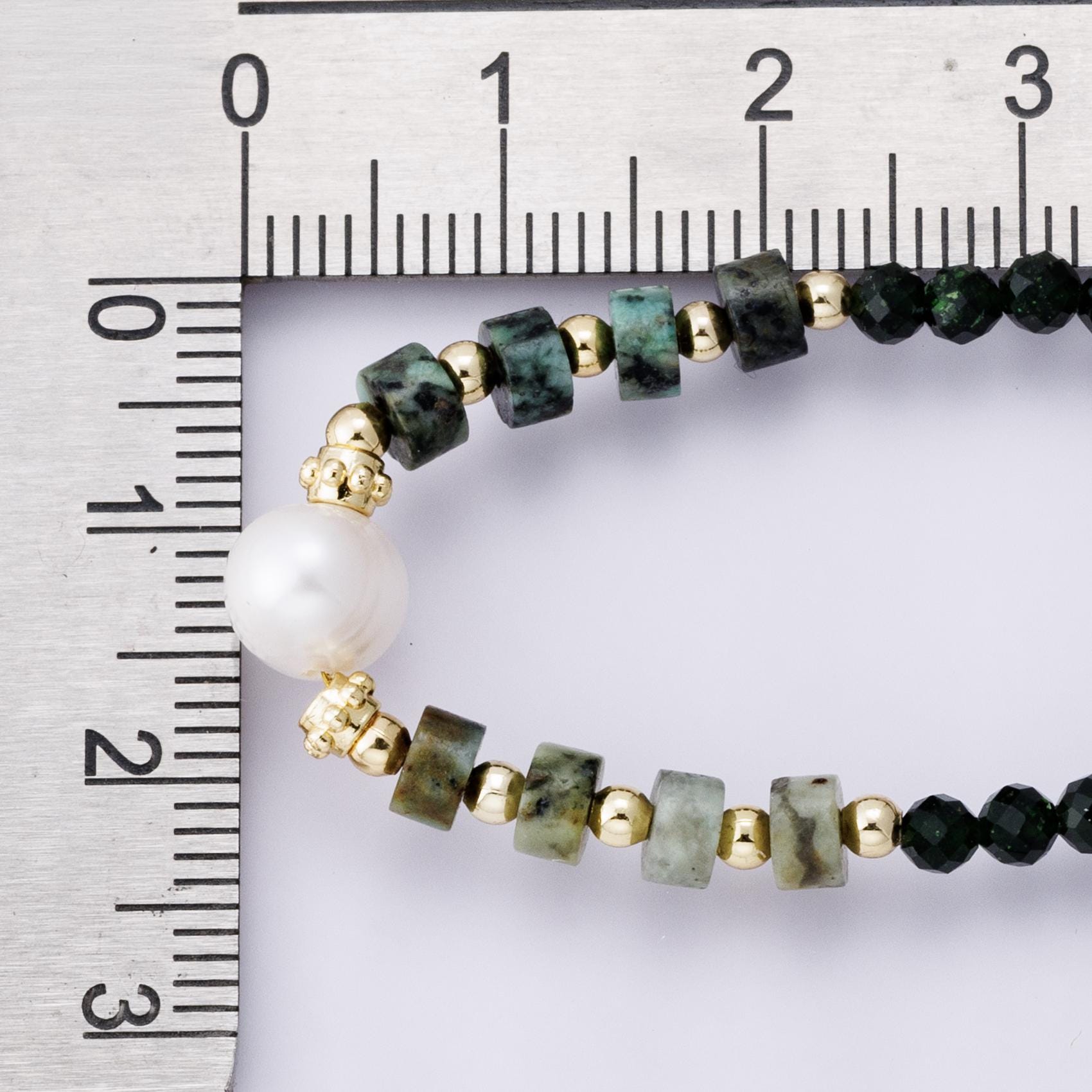 Handmade 24K Gold Filled Shell Pearl Malachite Green Gemstone half and half chain 16.5 inch with 2 inch extender jewelry gift | WA-04174