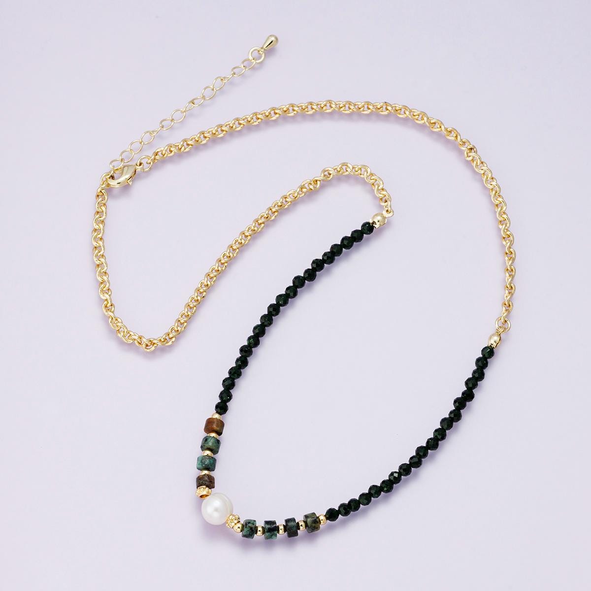 Handmade 24K Gold Filled Shell Pearl Malachite Green Gemstone half and half chain 18 inch with 2 inch extender jewelry gift | WA-04230